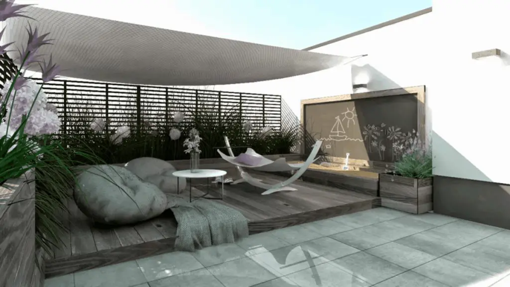 taras z drewna wypoczynkowy na tarasie na dachu ogród