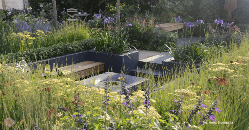 zagłębienie palenisko w ziemi w ogrodzie nowoczesnym bujne kolorowe rosliny trawy ozdobne