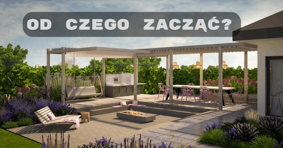 nowoczesny ogród z altana paleniskiem z kolorowymi kwitnącymi bylinami