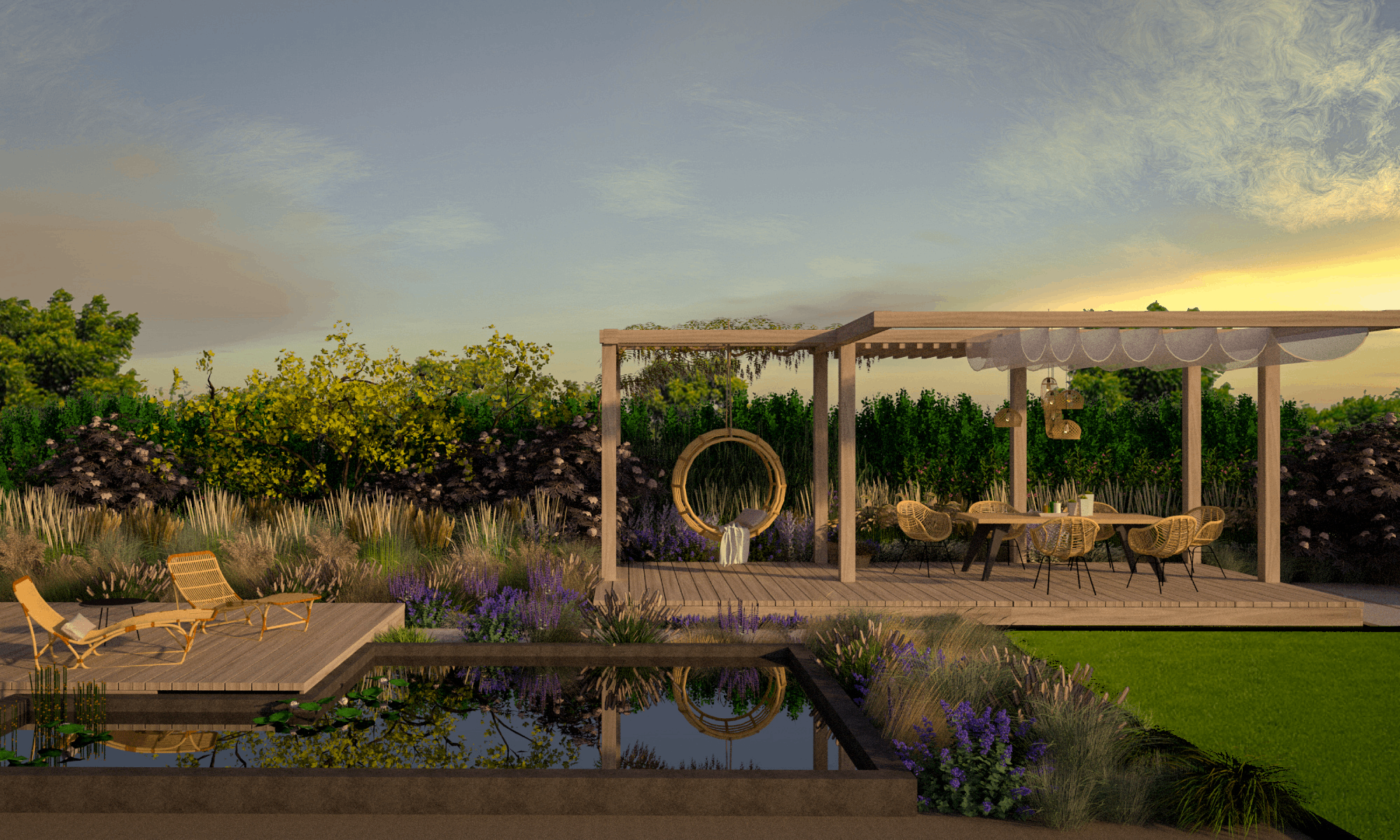 mały nowoczesny ogród z nowoczesna altana trawami ozdobnymi