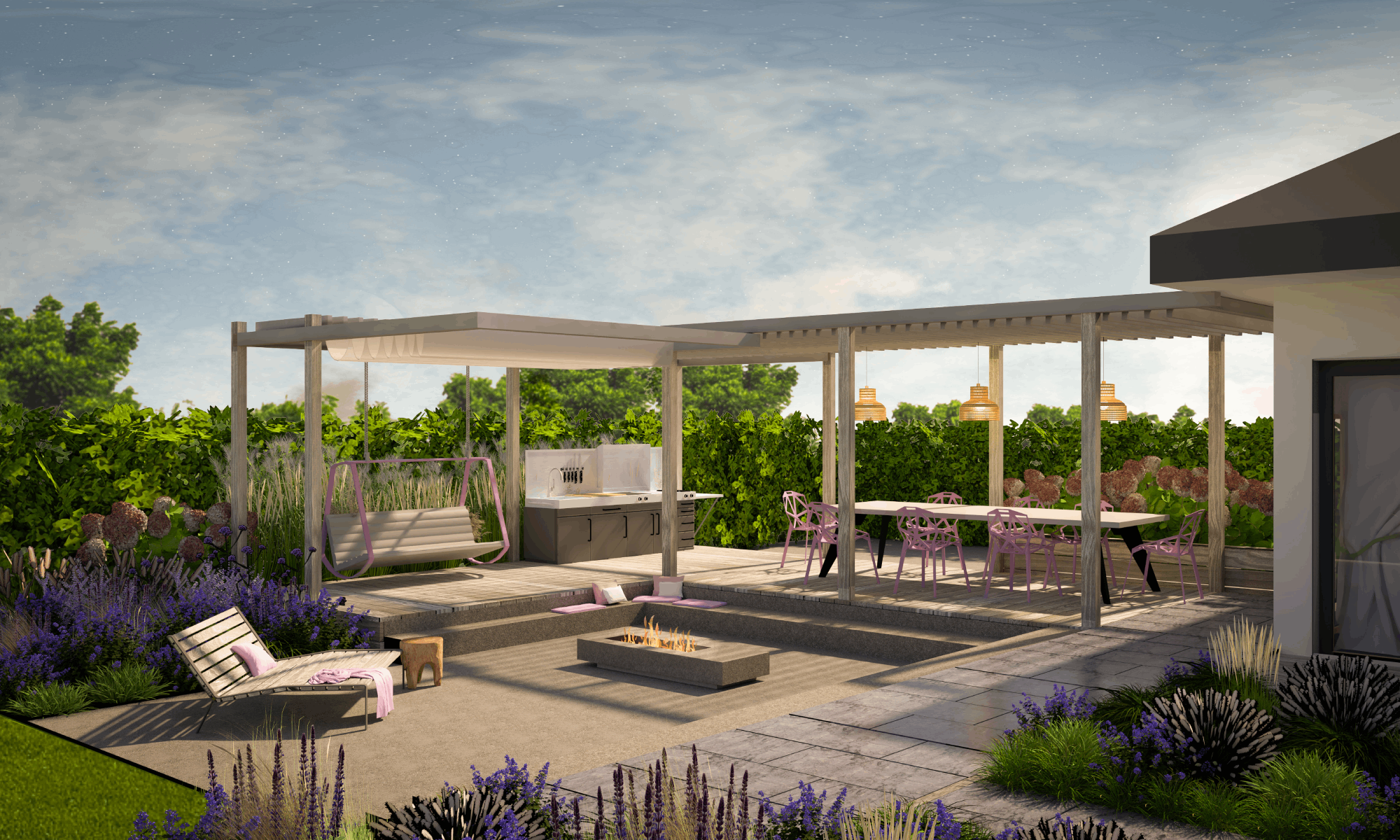 projekt ogrodu z nowoczesna altana paleniskiem